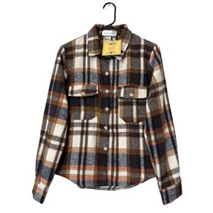 Haha Mama Plaid Shacket Womens Size M Brown Cream New With Tags Cotton Flannel